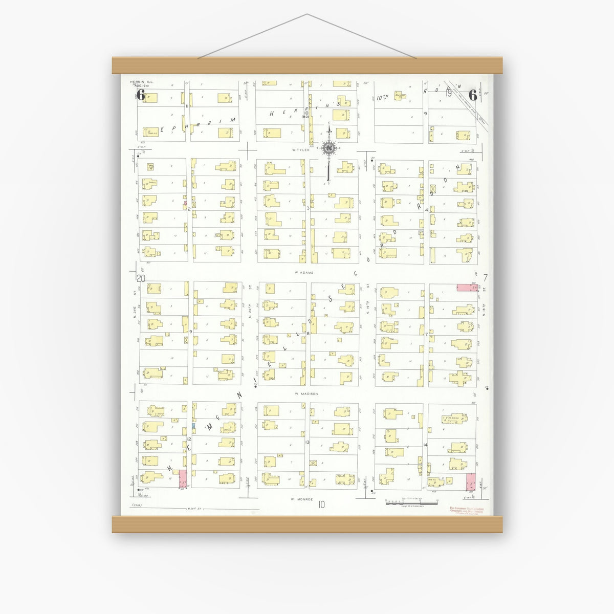 Old map wall art mockup — magnetic wood frame on white wall — Sanborn Fire Insurance Map from Herrin, Williamson County, Illinois (1941), Sheet #0006