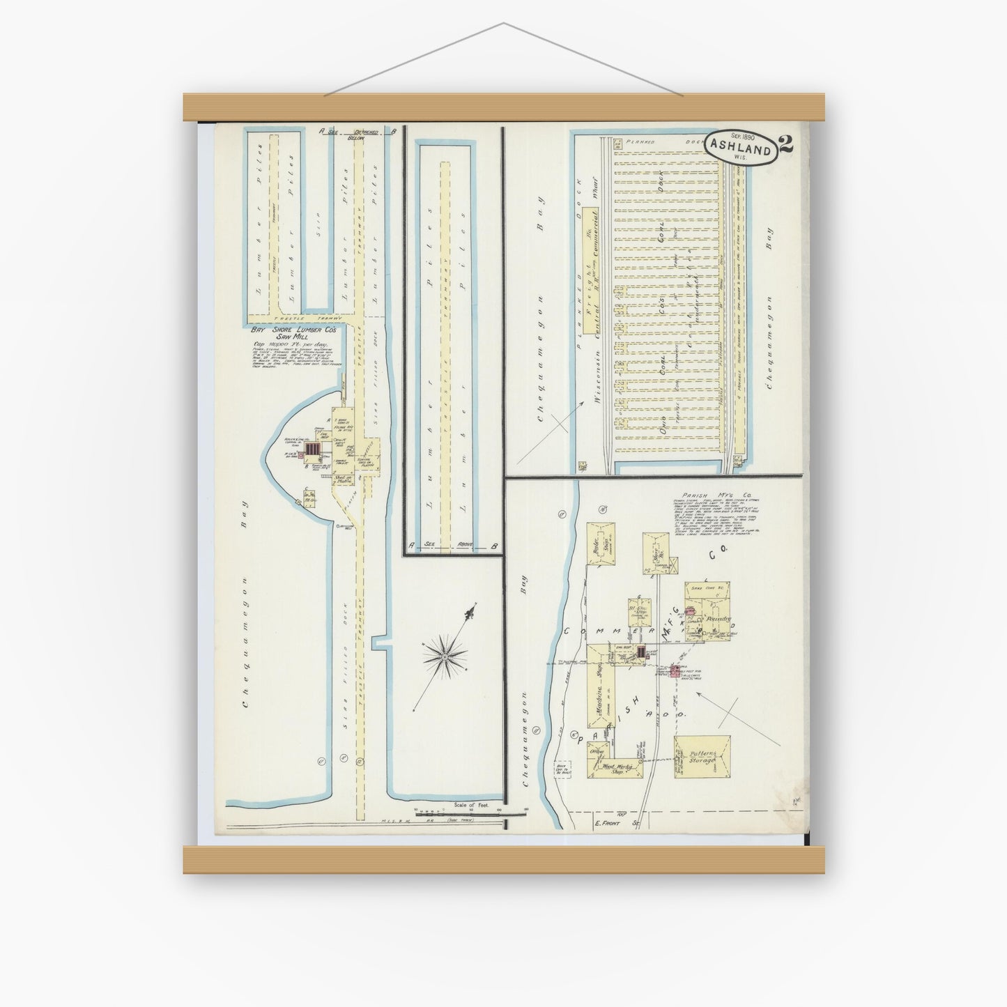 Old map wall art mockup — magnetic wood frame on white wall — Sanborn Fire Insurance Map from Ashland, Ashland County, Wisconsin (1890), Sheet #0002