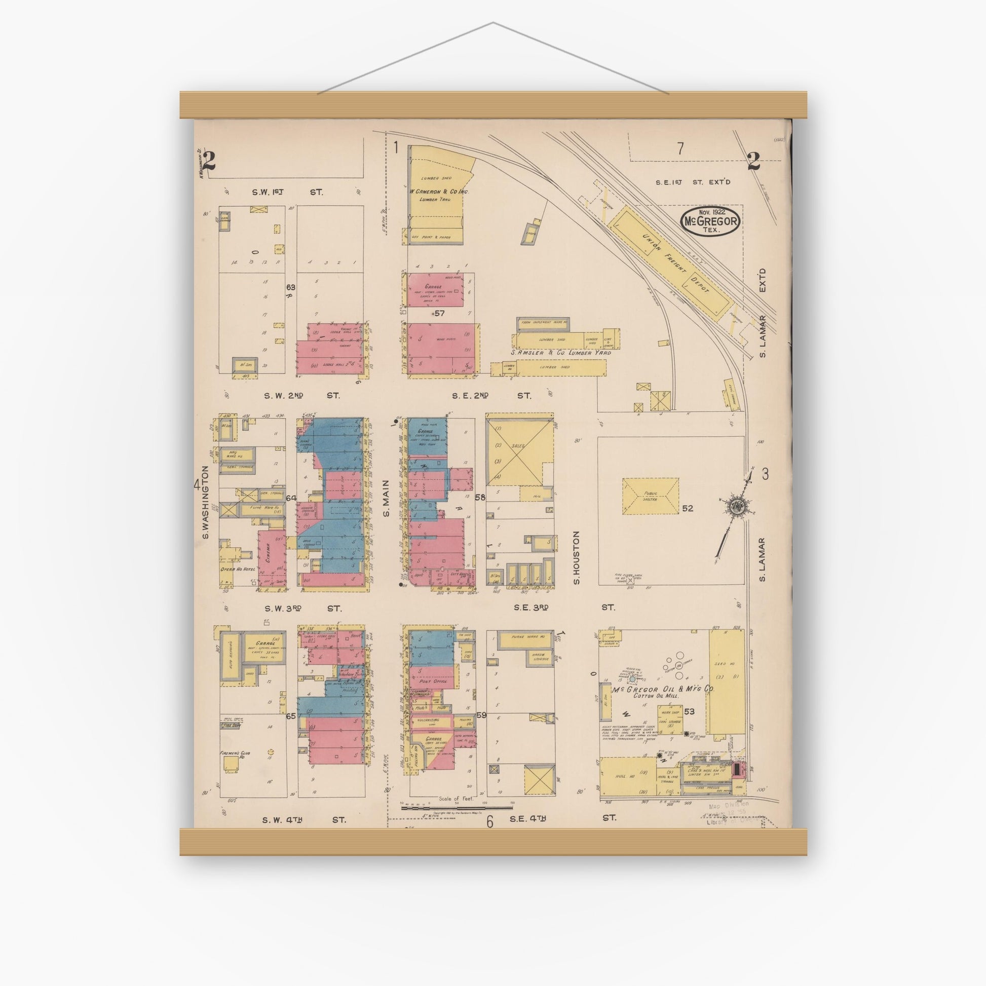 Old map wall art mockup — magnetic wood frame on white wall — Sanborn Fire Insurance Map from McGregor, McLennan County, Texas (1922), Sheet #0002