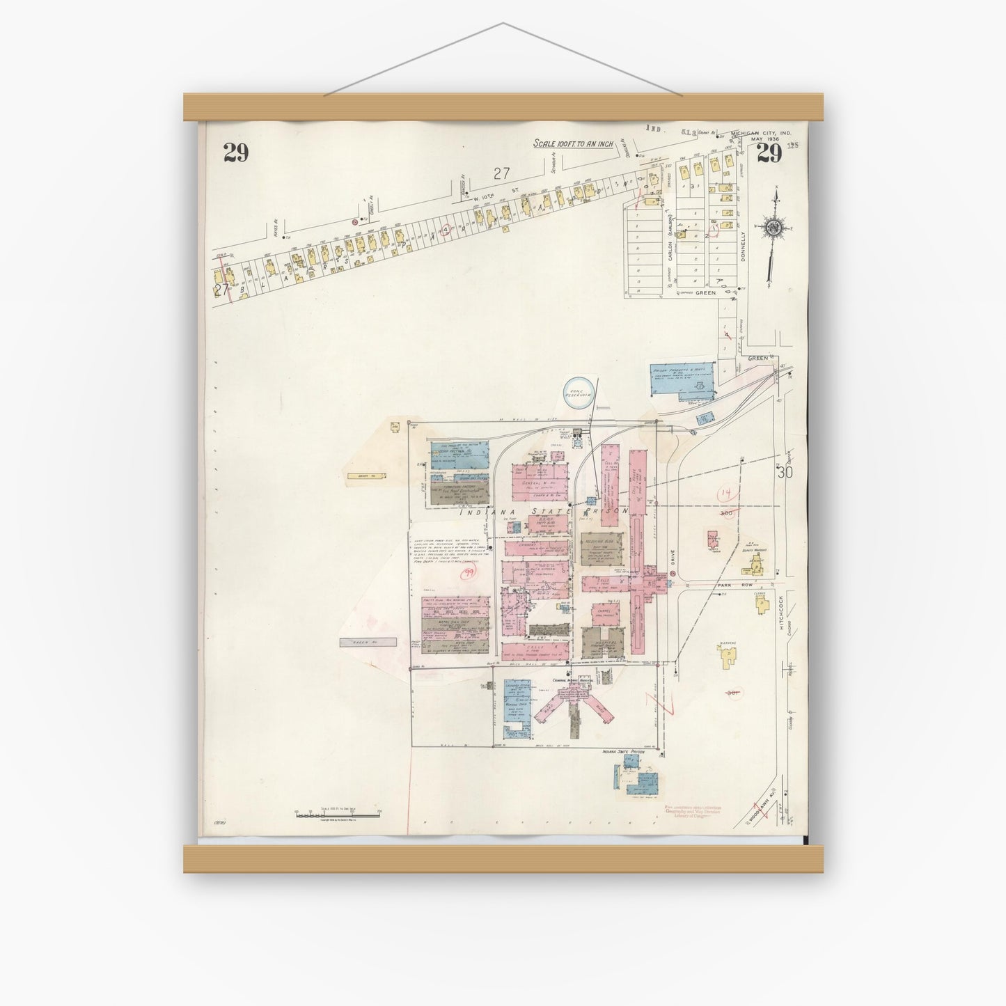 Old map wall art mockup — magnetic wood frame on white wall — Sanborn Fire Insurance Map from Michigan City, La Porte County, Indiana (1948), Sheet #0029