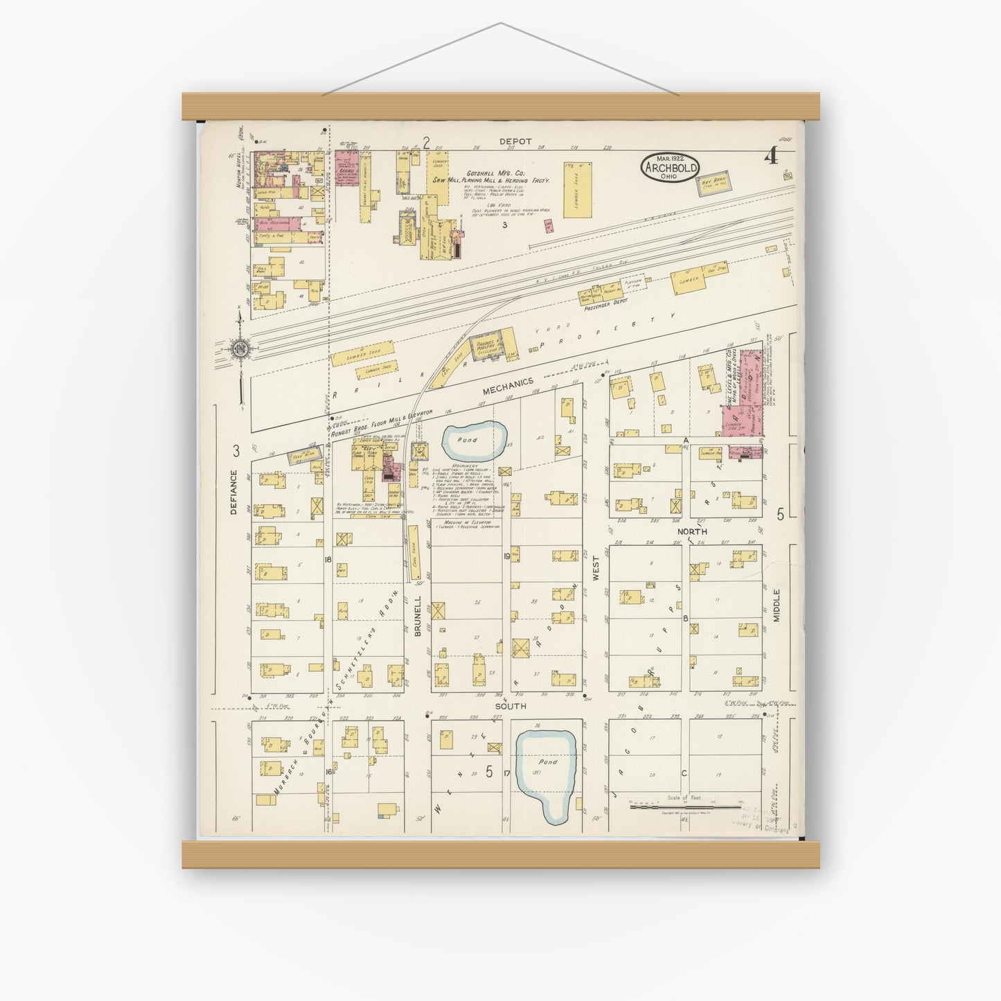 Old map wall art mockup — magnetic wood frame on white wall — Sanborn Fire Insurance Map from Archbold, Fulton County, Ohio (1922), Sheet #0004