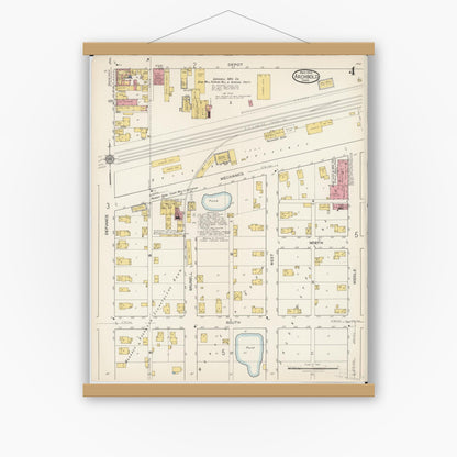 Old map wall art mockup — magnetic wood frame on white wall — Sanborn Fire Insurance Map from Archbold, Fulton County, Ohio (1922), Sheet #0004