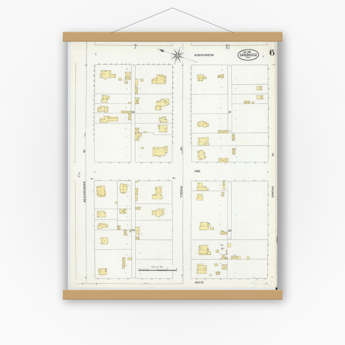 Old map wall art mockup — magnetic wood frame on white wall — Sanborn Fire Insurance Map from San Angelo, Tom Green County, Texas (1904), Sheet #0006
