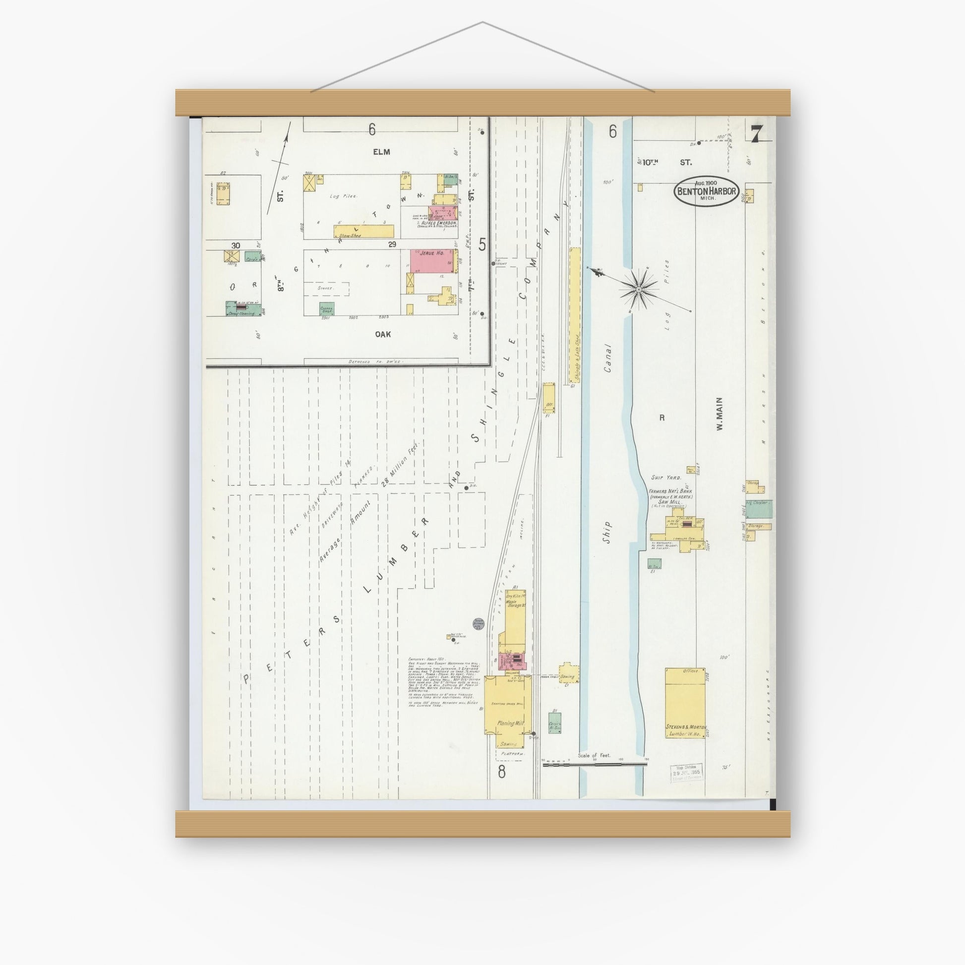 Old map wall art mockup — magnetic wood frame on white wall — Sanborn Fire Insurance Map from Benton Harbor, Berrien County, Michigan (1900), Sheet #0007