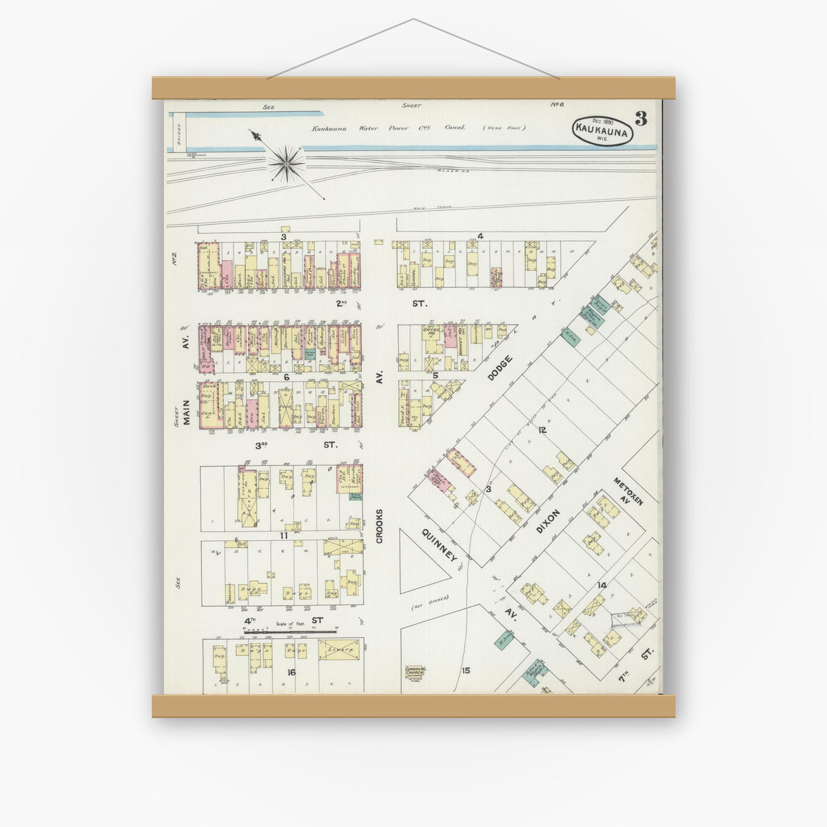 Old map wall art mockup — magnetic wood frame on white wall — Sanborn Fire Insurance Map from Kaukauna, Outagamie County, Wisconsin (1890), Sheet #0003