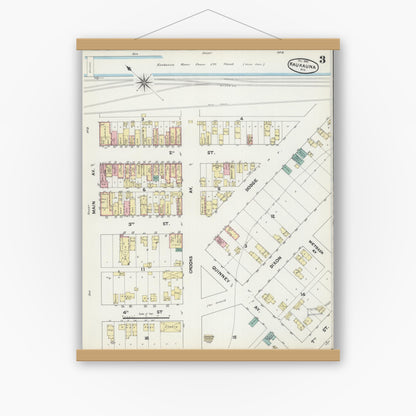 Old map wall art mockup — magnetic wood frame on white wall — Sanborn Fire Insurance Map from Kaukauna, Outagamie County, Wisconsin (1890), Sheet #0003