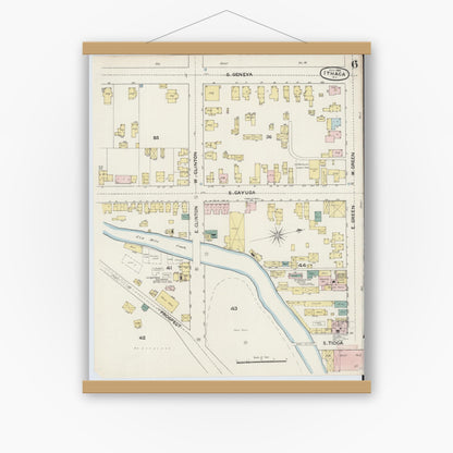 Old map wall art mockup — magnetic wood frame on white wall — Sanborn Fire Insurance Map from Ithaca, Tompkins County, New York (1888), Sheet #0006