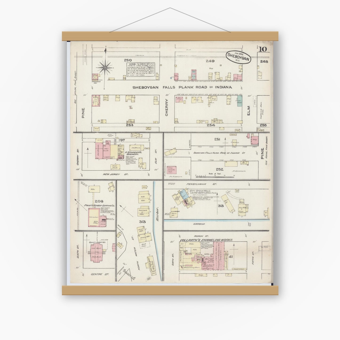 Old map wall art mockup — magnetic wood frame on white wall — Sanborn Fire Insurance Map from Sheboygan, Sheboygan County, Wisconsin (1884), Sheet #0010