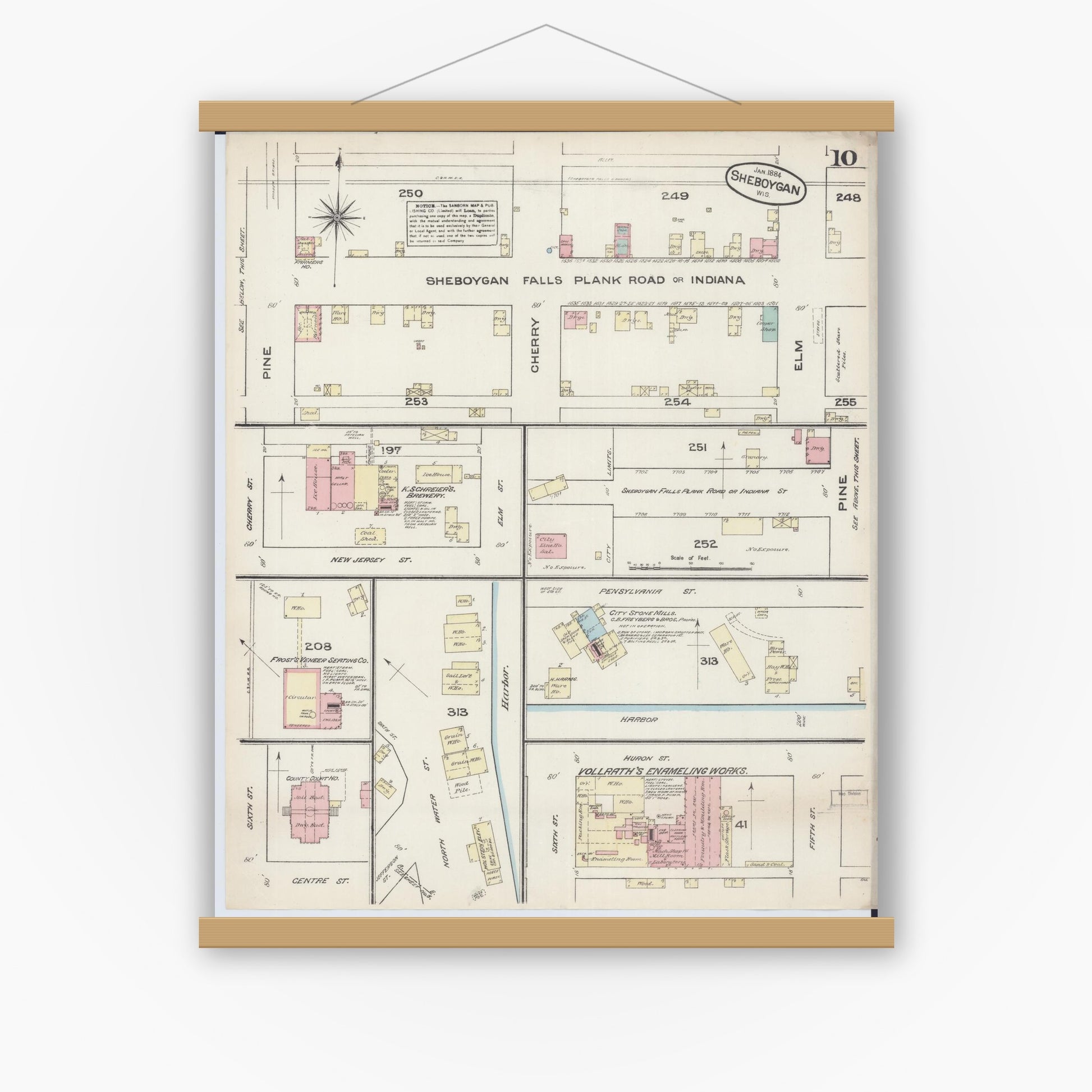Old map wall art mockup — magnetic wood frame on white wall — Sanborn Fire Insurance Map from Sheboygan, Sheboygan County, Wisconsin (1884), Sheet #0010