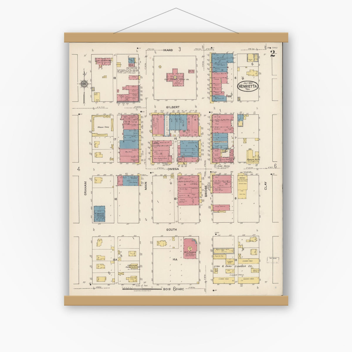 Old map wall art mockup — magnetic wood frame on white wall — Sanborn Fire Insurance Map from Henrietta, Clay County, Texas (1922), Sheet #0002
