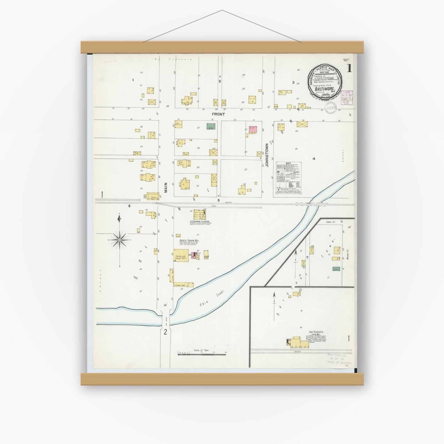 Old map wall art mockup — magnetic wood frame on white wall — Sanborn Fire Insurance Map from Baltimore, Fairfield County, Ohio (1901), Sheet #0001