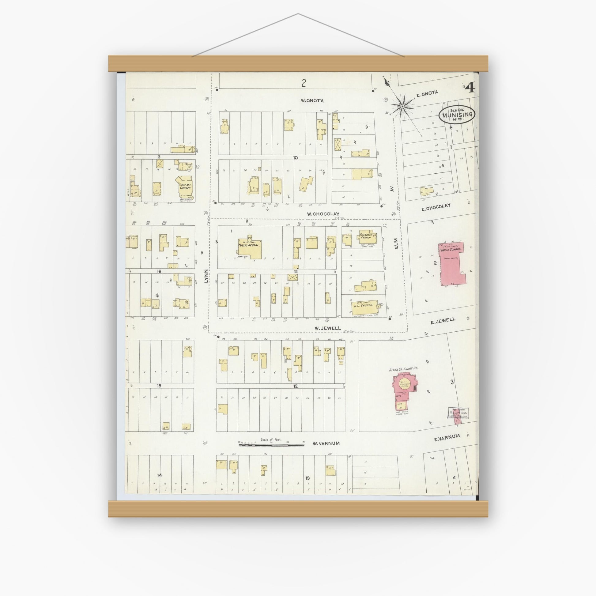 Old map wall art mockup — magnetic wood frame on white wall — Sanborn Fire Insurance Map from Munising, Alger County, Michigan (1906), Sheet #0004