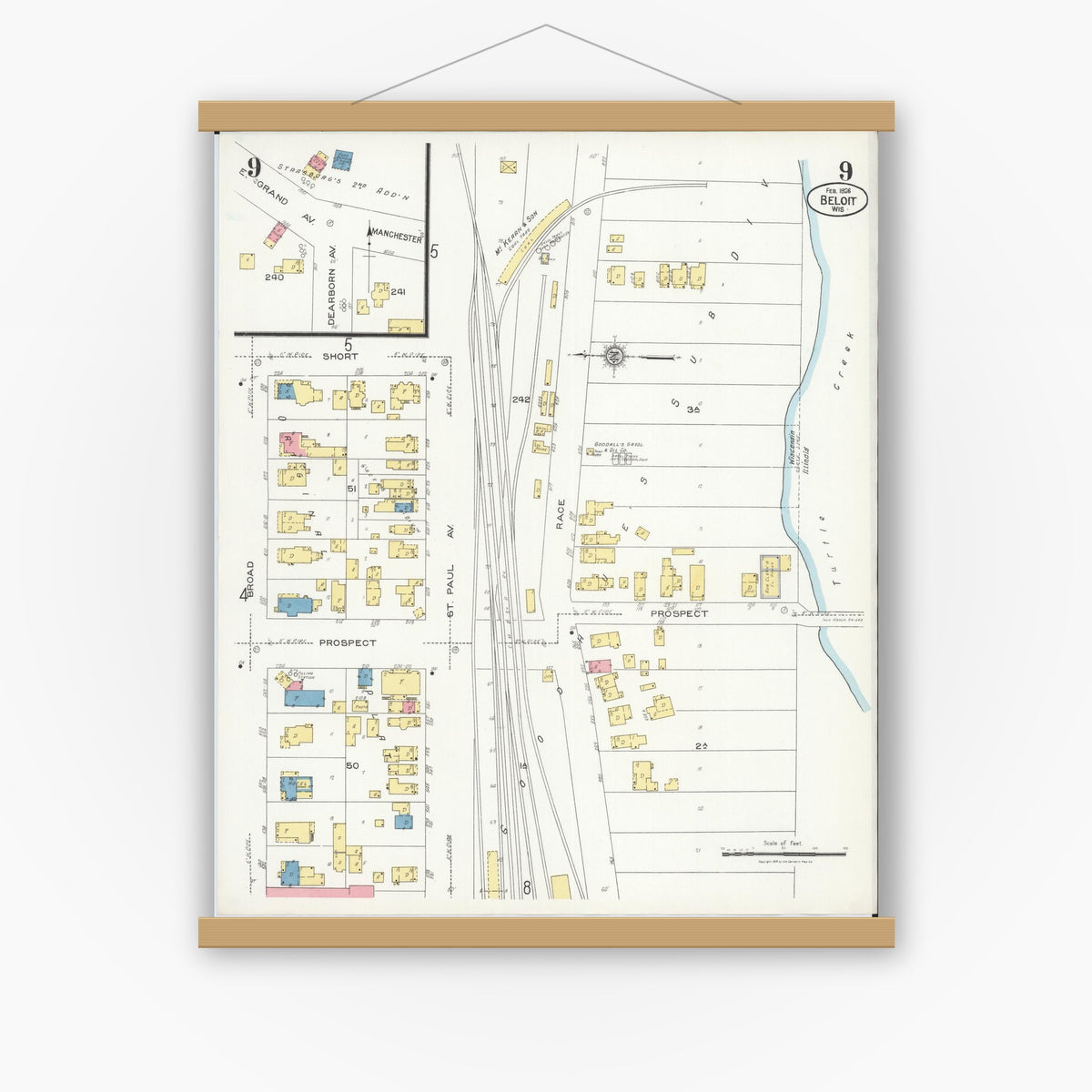 Old map wall art mockup — magnetic wood frame on white wall — Sanborn Fire Insurance Map from Beloit, Rock County, Wisconsin (1926), Sheet #0009