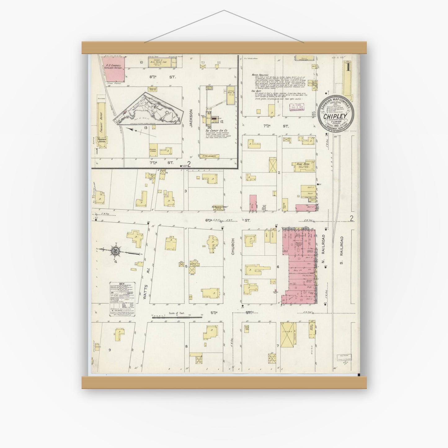 Old map wall art mockup — magnetic wood frame on white wall — Sanborn Fire Insurance Map from Chipley, Washington County, Florida (1913), Sheet #0001