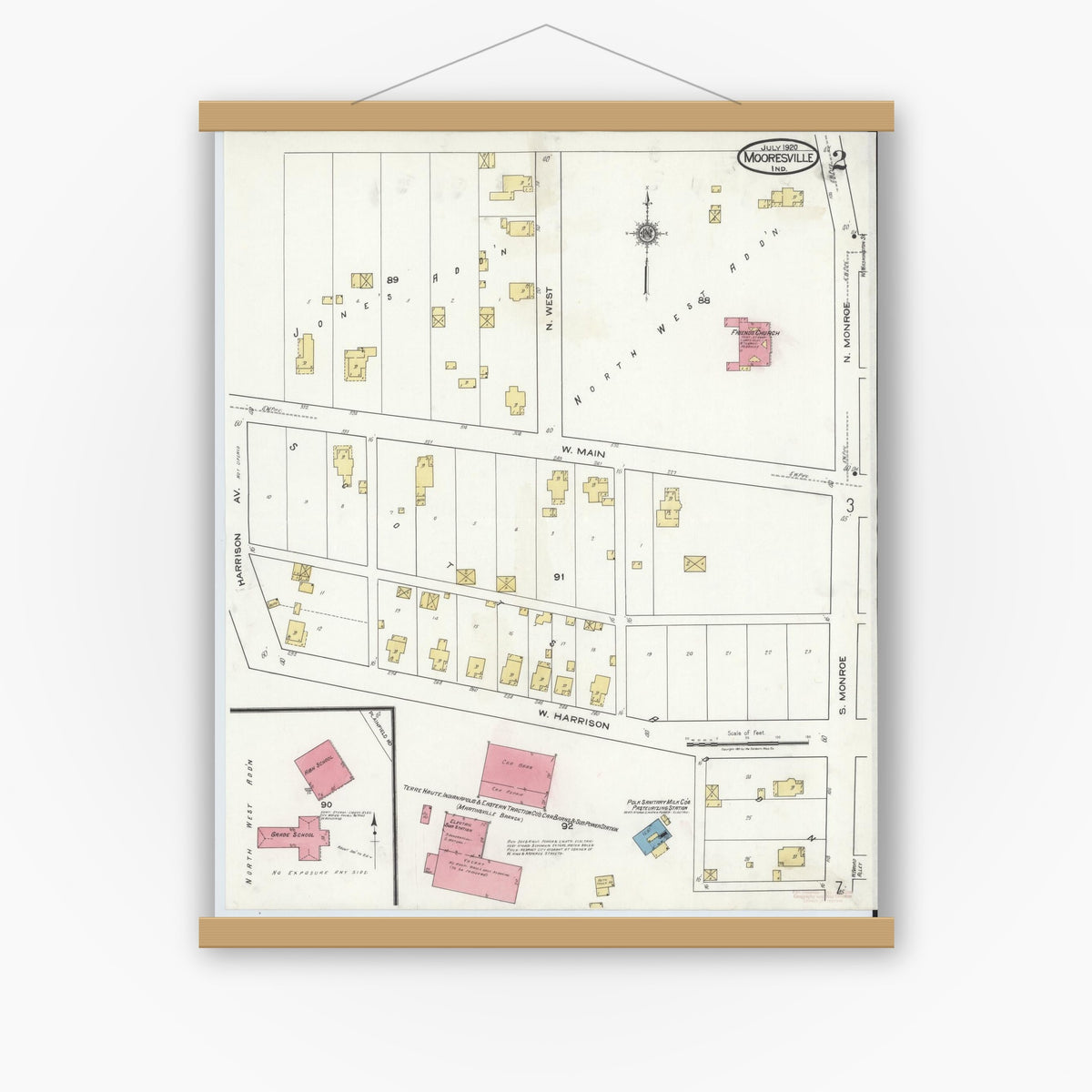 Old map wall art mockup — magnetic wood frame on white wall — Sanborn Fire Insurance Map from Mooresville, Morgan County, Indiana (1920), Sheet #0002