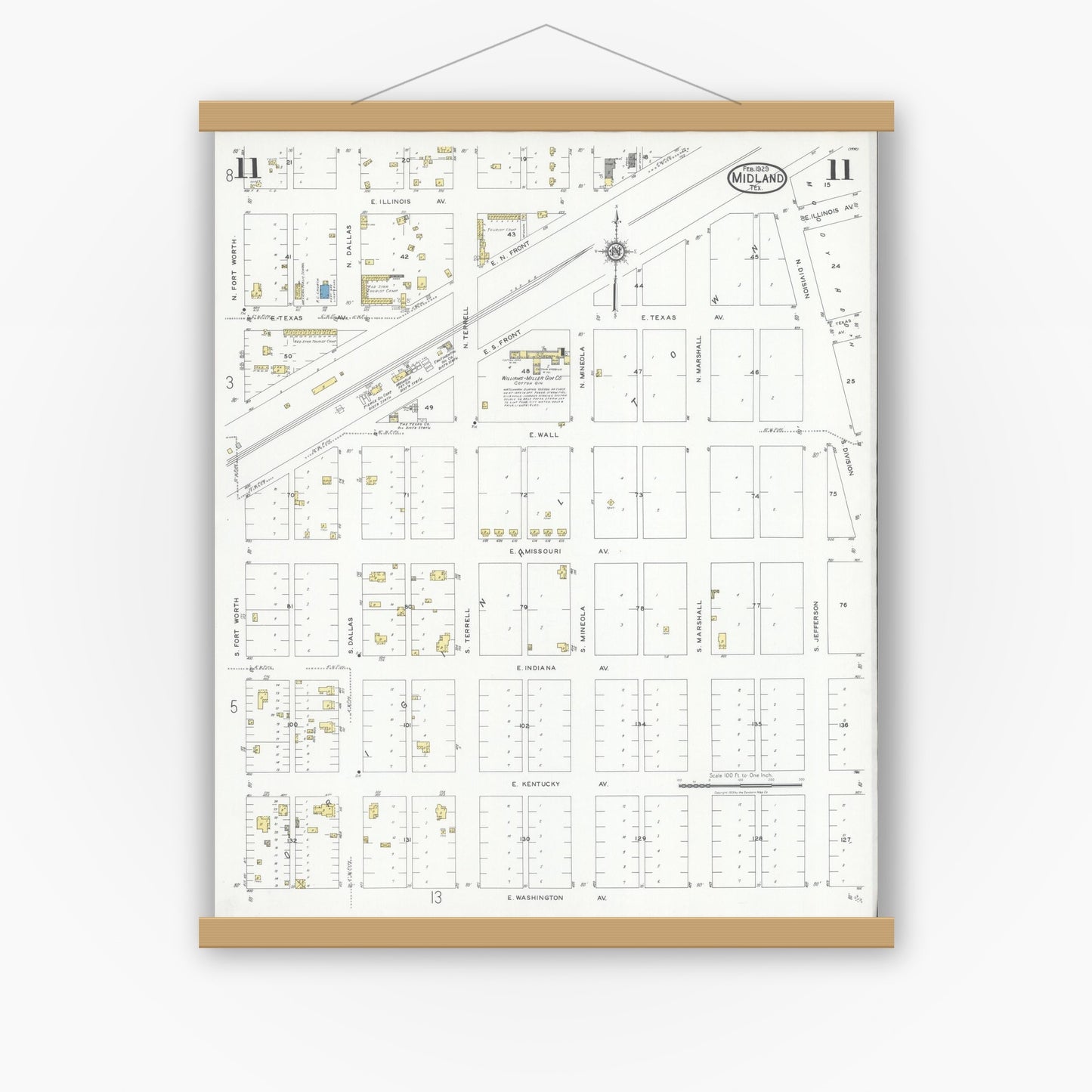Old map wall art mockup — magnetic wood frame on white wall — Sanborn Fire Insurance Map from Midland, Midland County, Texas (1929), Sheet #0011