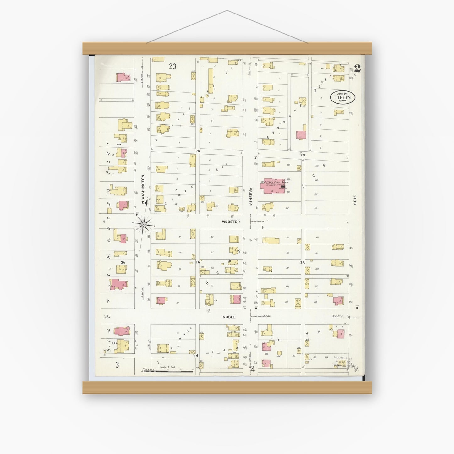 Old map wall art mockup — magnetic wood frame on white wall — Sanborn Fire Insurance Map from Tiffin, Seneca County, Ohio (1908), Sheet #0002