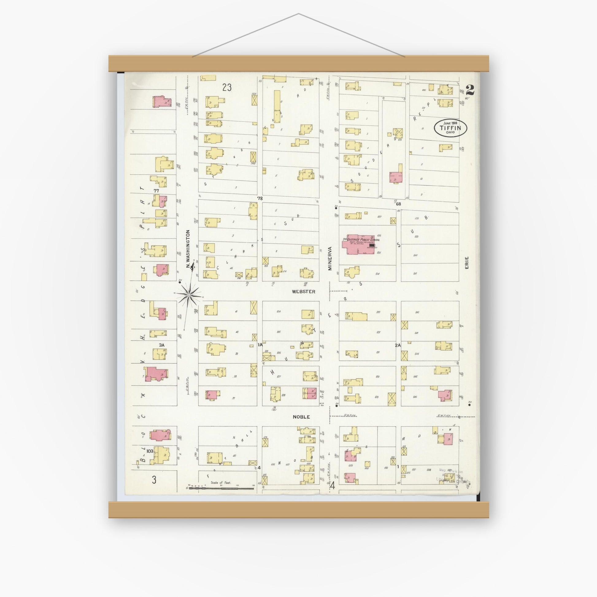 Old map wall art mockup — magnetic wood frame on white wall — Sanborn Fire Insurance Map from Tiffin, Seneca County, Ohio (1908), Sheet #0002