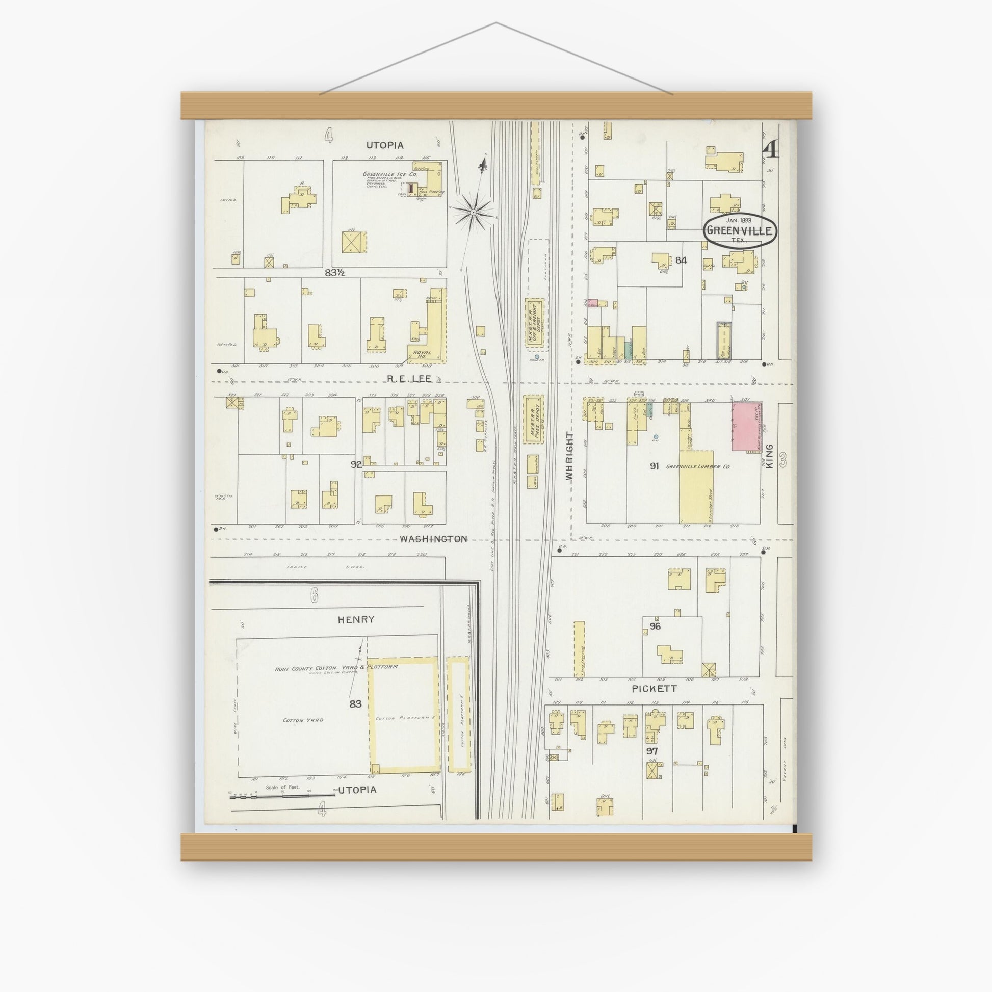 Old map wall art mockup — magnetic wood frame on white wall — Sanborn Fire Insurance Map from Greenville, Hunt County, Texas (1893), Sheet #0004