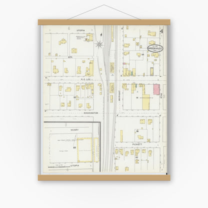 Old map wall art mockup — magnetic wood frame on white wall — Sanborn Fire Insurance Map from Greenville, Hunt County, Texas (1893), Sheet #0004