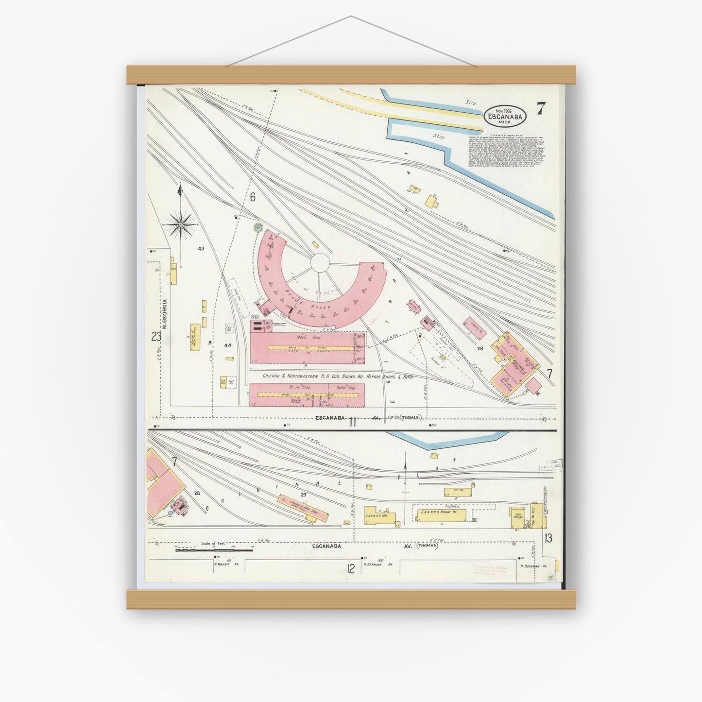Old map wall art mockup — magnetic wood frame on white wall — Sanborn Fire Insurance Map from Escanaba, Delta County, Michigan (1906), Sheet #0007