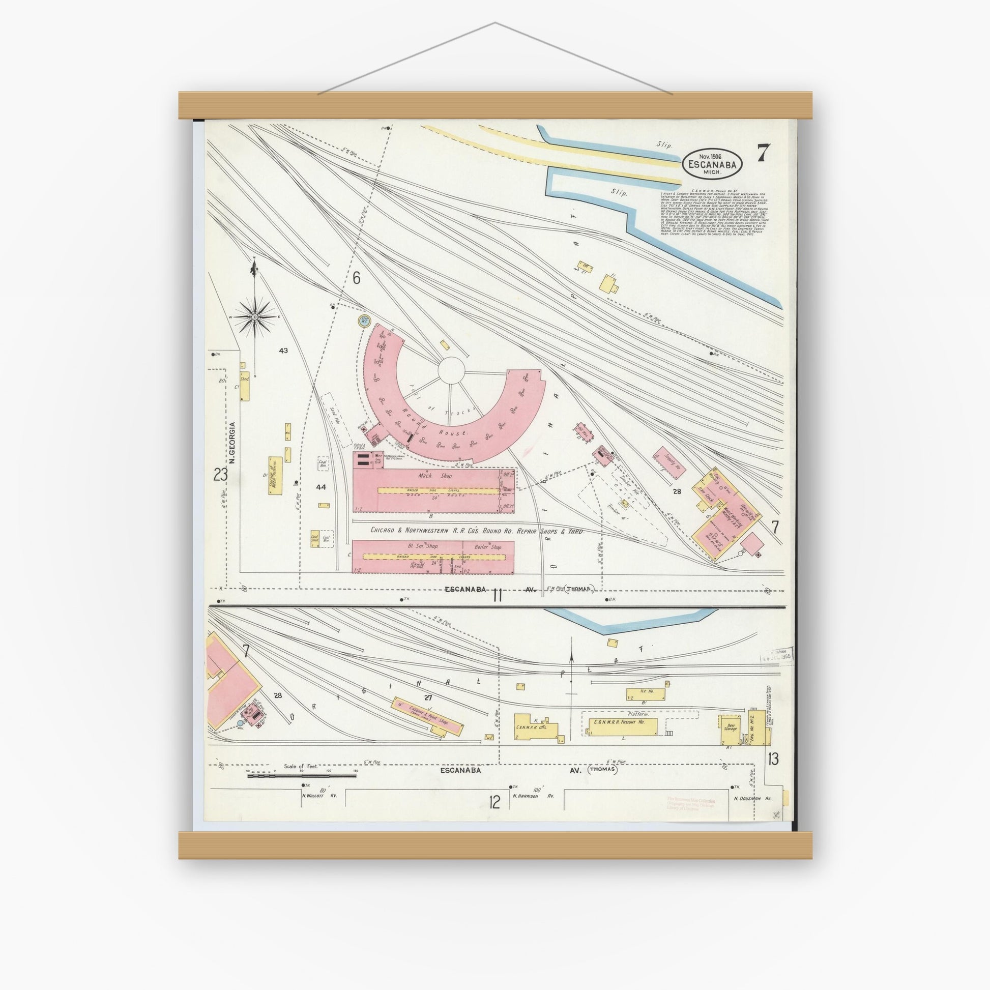 Old map wall art mockup — magnetic wood frame on white wall — Sanborn Fire Insurance Map from Escanaba, Delta County, Michigan (1906), Sheet #0007
