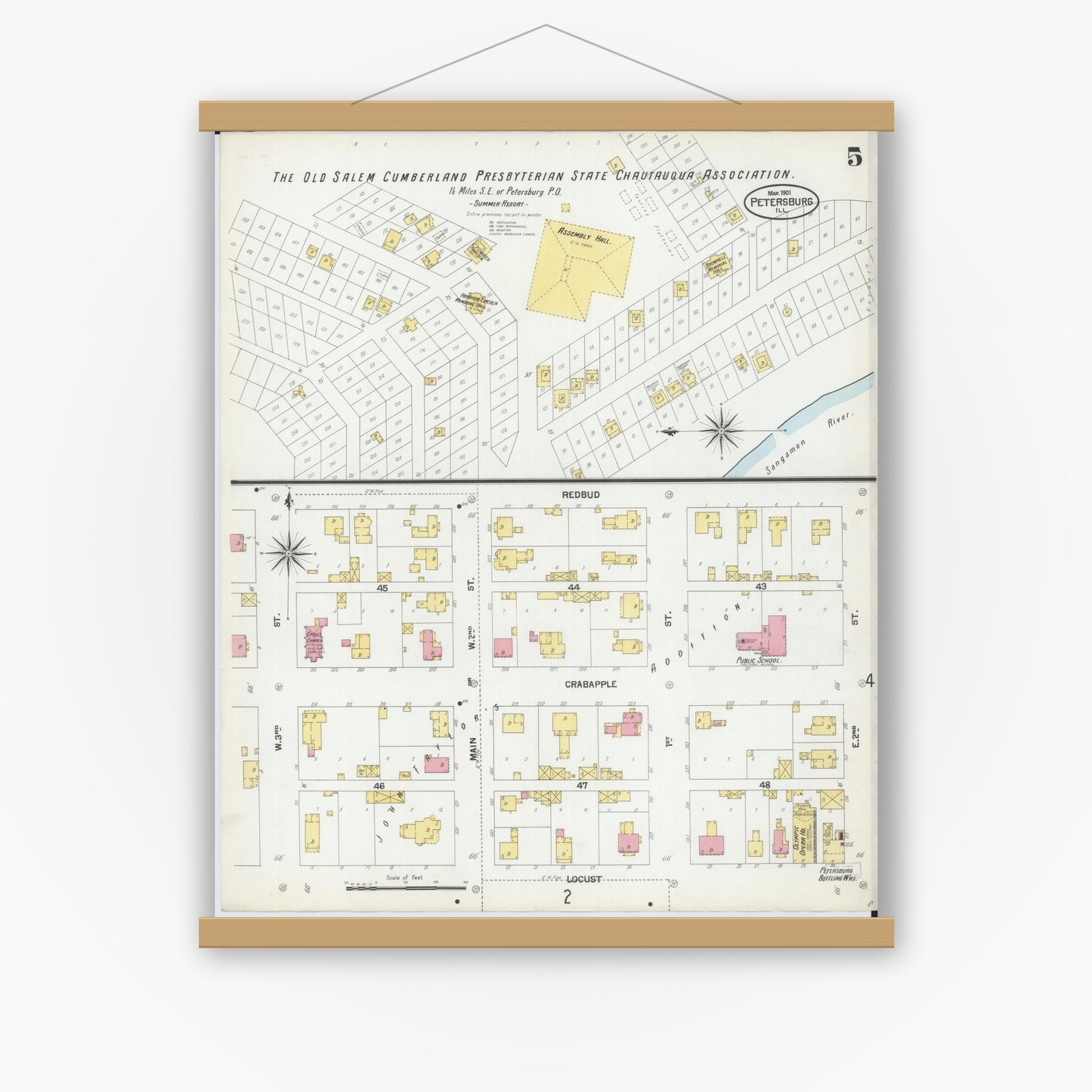 Old map wall art mockup — magnetic wood frame on white wall — Sanborn Fire Insurance Map from Petersburg, Menard County, Illinois (1901), Sheet #0005