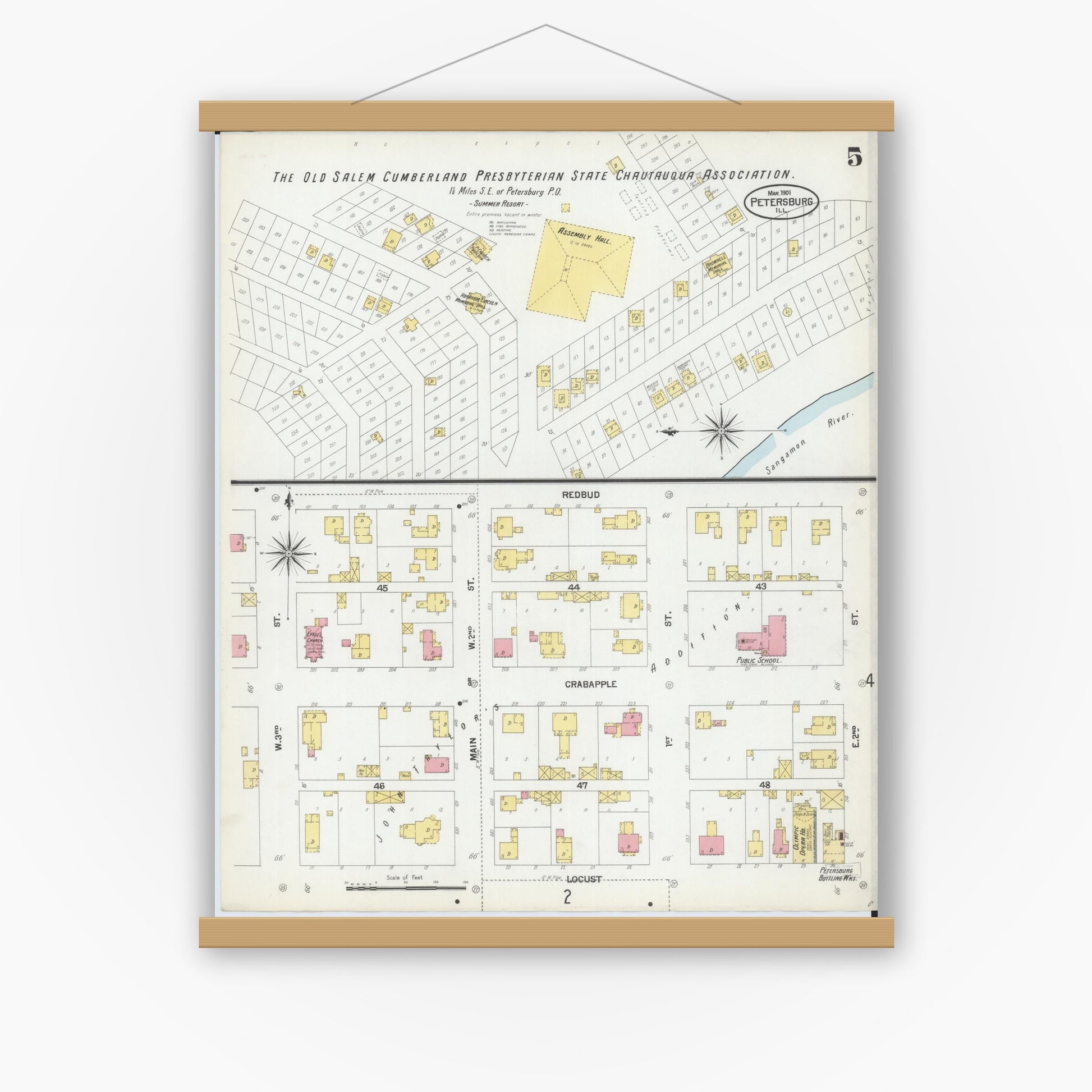 Old map wall art mockup — magnetic wood frame on white wall — Sanborn Fire Insurance Map from Petersburg, Menard County, Illinois (1901), Sheet #0005