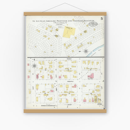 Old map wall art mockup — magnetic wood frame on white wall — Sanborn Fire Insurance Map from Petersburg, Menard County, Illinois (1901), Sheet #0005