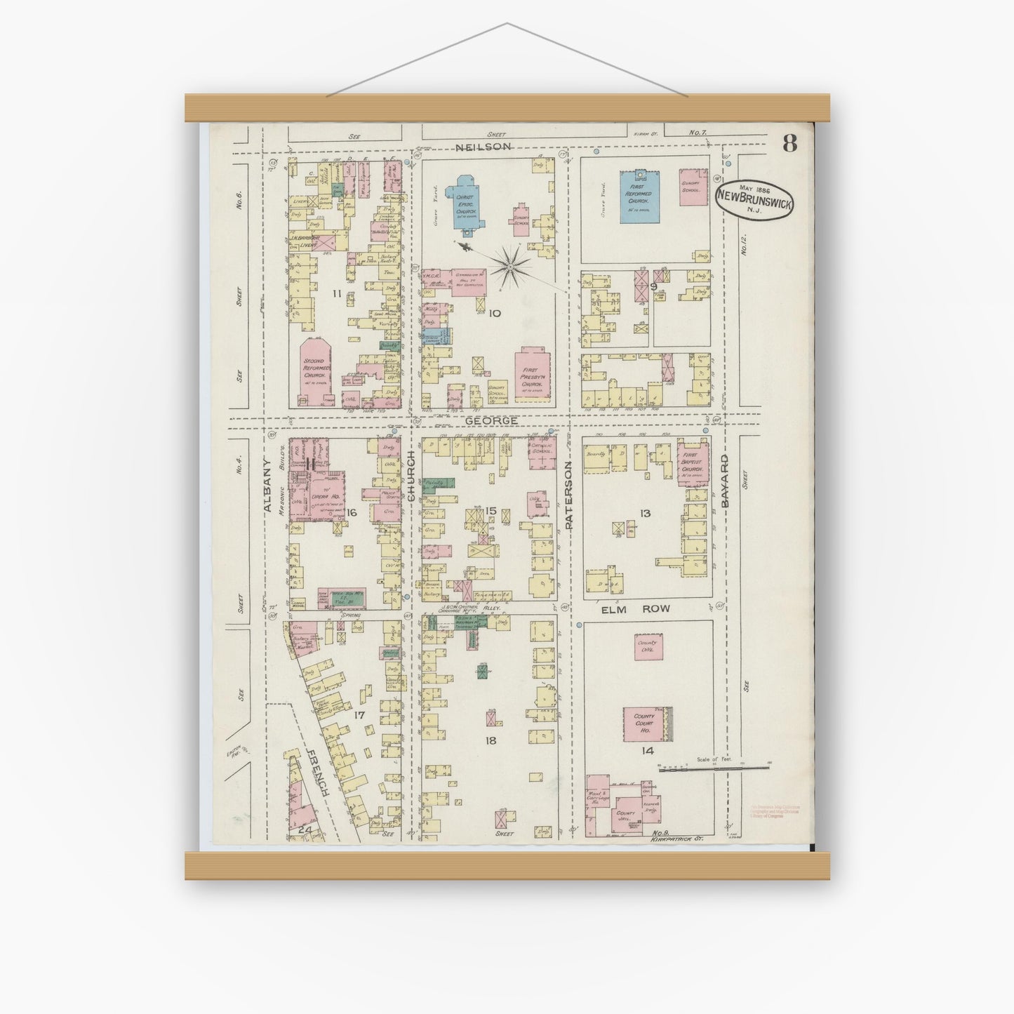 Old map wall art mockup — magnetic wood frame on white wall — Sanborn Fire Insurance Map from New Brunswick, Middlesex County, New Jersey (1886), Sheet #0008