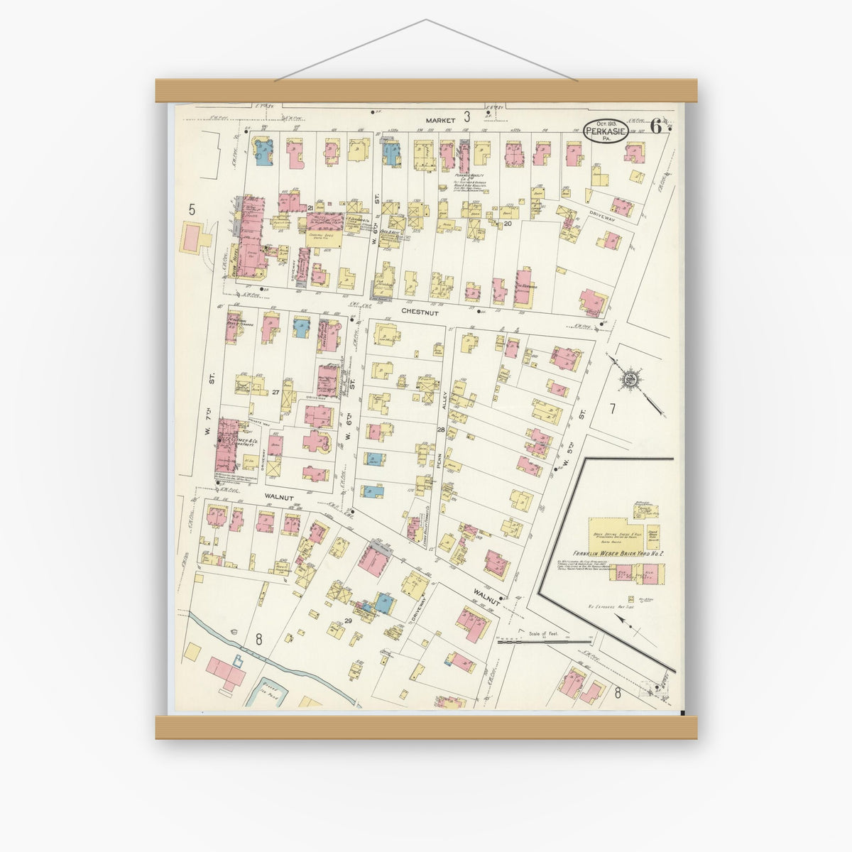 Old map wall art mockup — magnetic wood frame on white wall — Sanborn Fire Insurance Map from Perkasie, Bucks County, Pennsylvania (1913), Sheet #0006