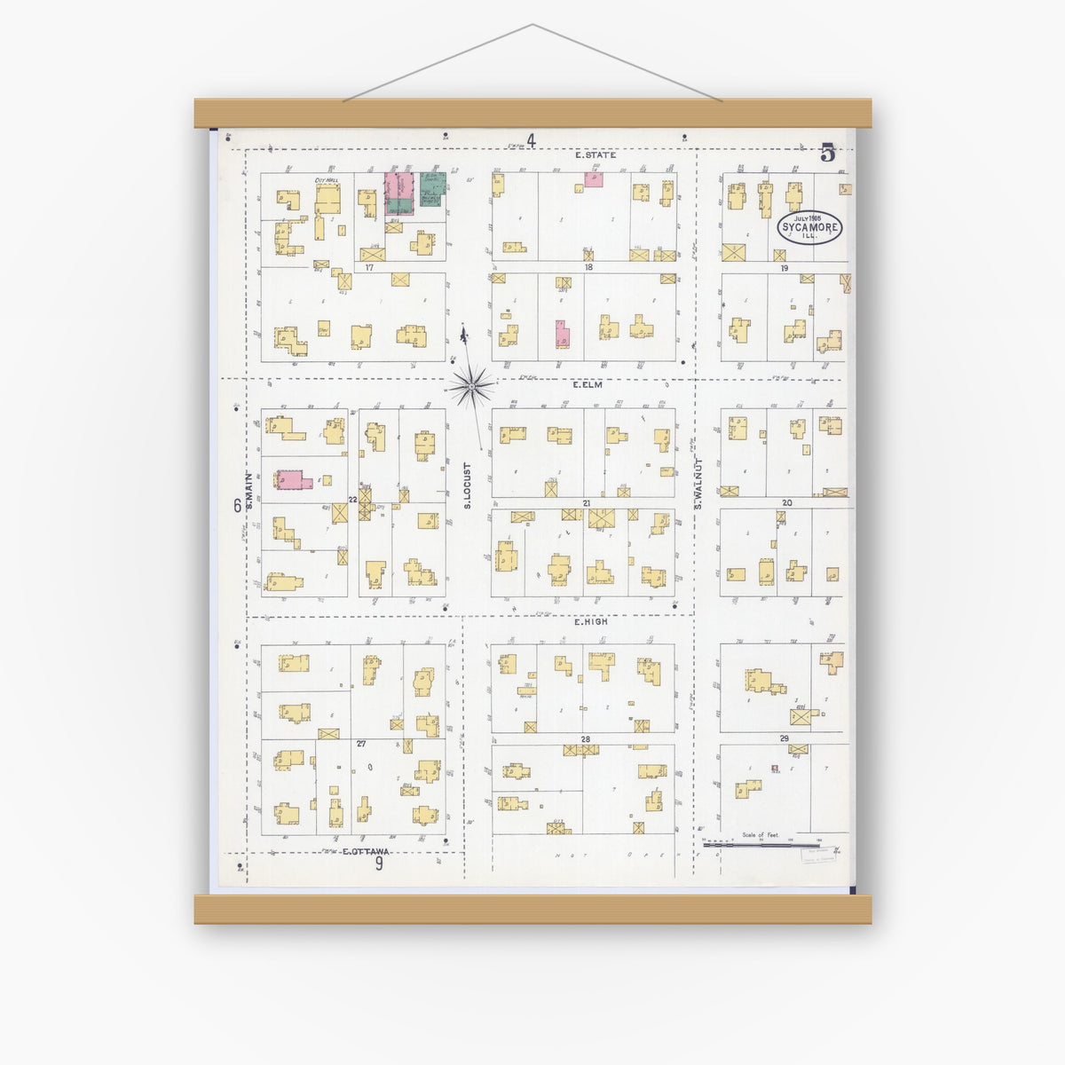 Old map wall art mockup — magnetic wood frame on white wall — Sanborn Fire Insurance Map from Sycamore, De Kalb County, Illinois (1905), Sheet #0005