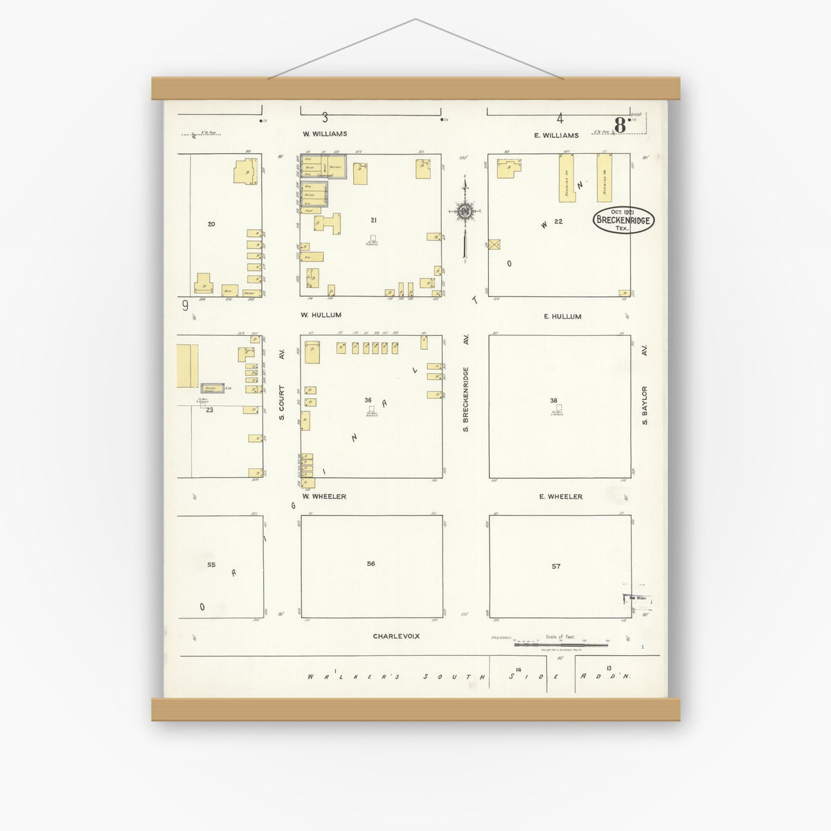 Old map wall art mockup — magnetic wood frame on white wall — Sanborn Fire Insurance Map from Breckenridge, Stephens County, Texas (1921), Sheet #0008
