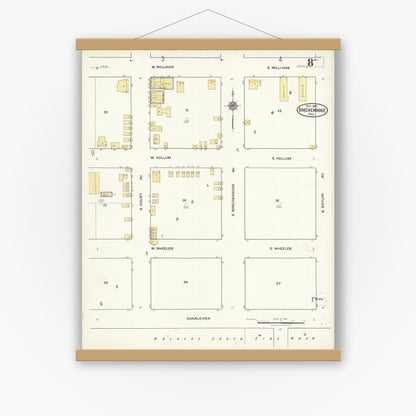 Old map wall art mockup — magnetic wood frame on white wall — Sanborn Fire Insurance Map from Breckenridge, Stephens County, Texas (1921), Sheet #0008