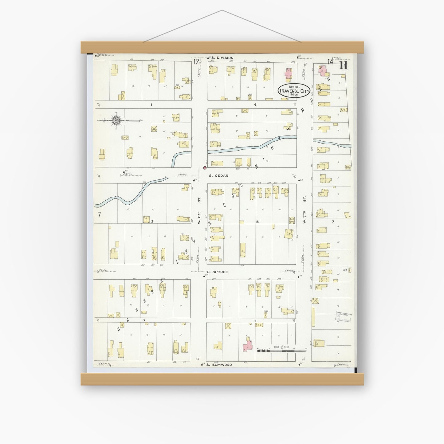 Old map wall art mockup — magnetic wood frame on white wall — Sanborn Fire Insurance Map from Traverse City, Grand Traverse County, Michigan (1910), Sheet #0011