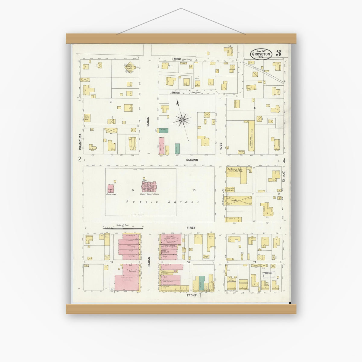 Old map wall art mockup — magnetic wood frame on white wall — Sanborn Fire Insurance Map from Groveton, Trinity County, Texas (1907), Sheet #0003