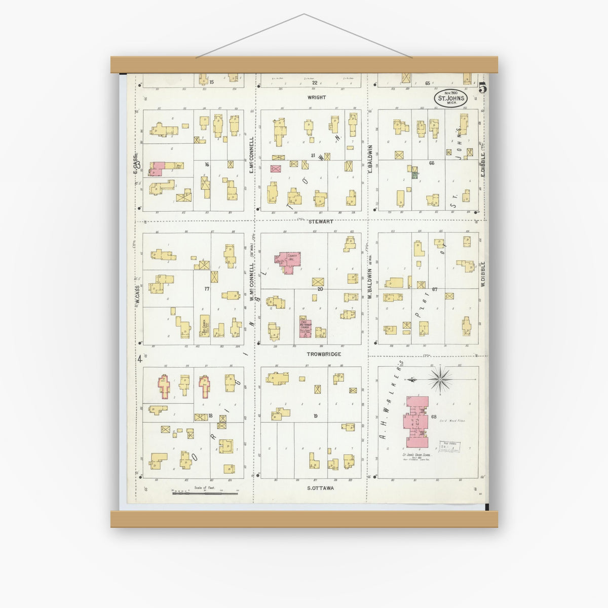 Old map wall art mockup — magnetic wood frame on white wall — Sanborn Fire Insurance Map from Saint Johns, Clinton County, Michigan (1900), Sheet #0005