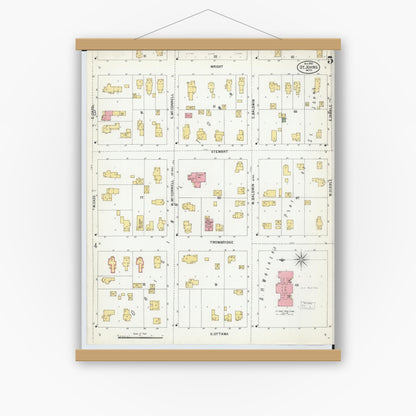 Old map wall art mockup — magnetic wood frame on white wall — Sanborn Fire Insurance Map from Saint Johns, Clinton County, Michigan (1900), Sheet #0005