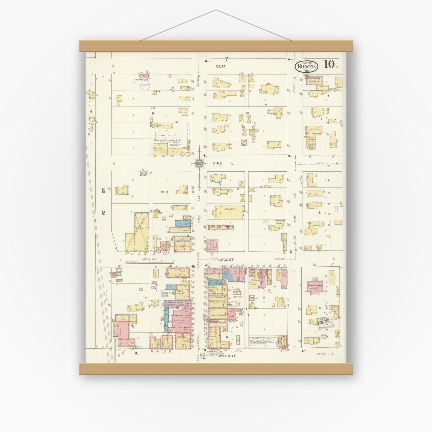 Old map wall art mockup — magnetic wood frame on white wall — Sanborn Fire Insurance Map from Hudson, St. Croix County, Wisconsin (1912), Sheet #0010