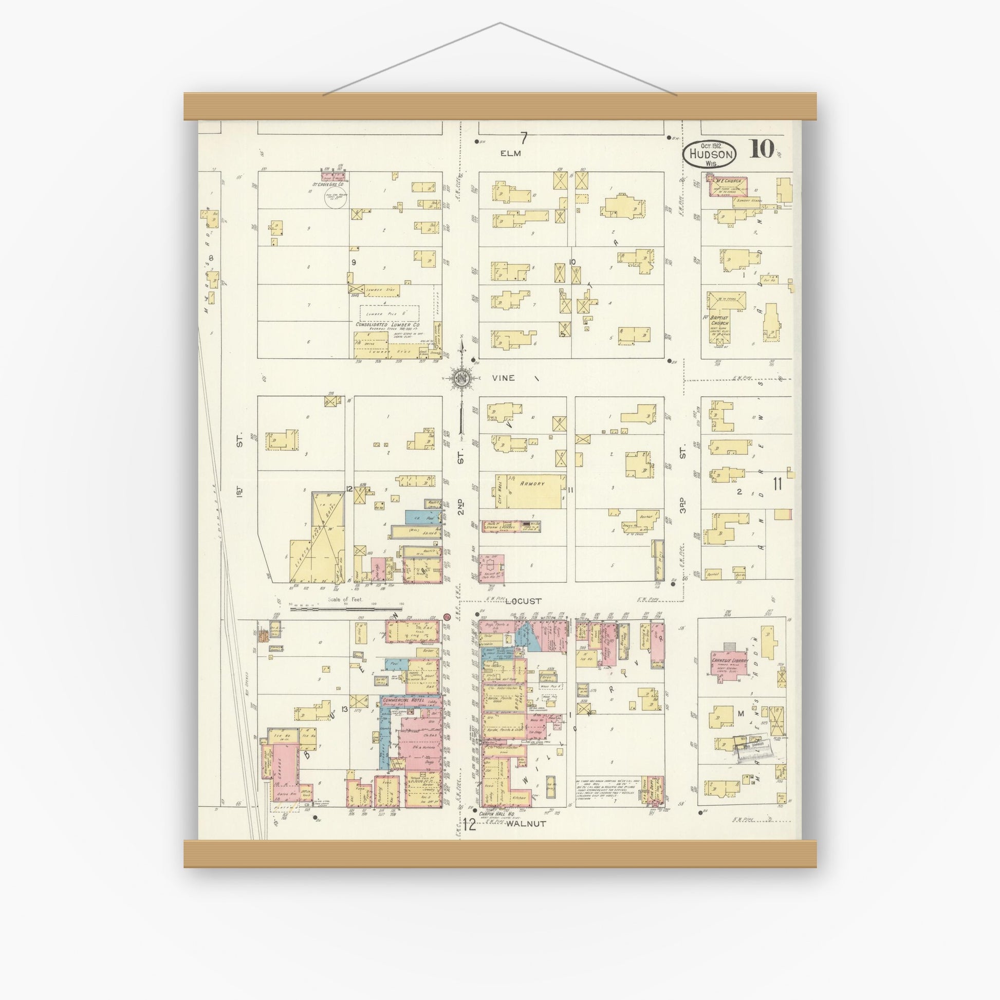 Old map wall art mockup — magnetic wood frame on white wall — Sanborn Fire Insurance Map from Hudson, St. Croix County, Wisconsin (1912), Sheet #0010