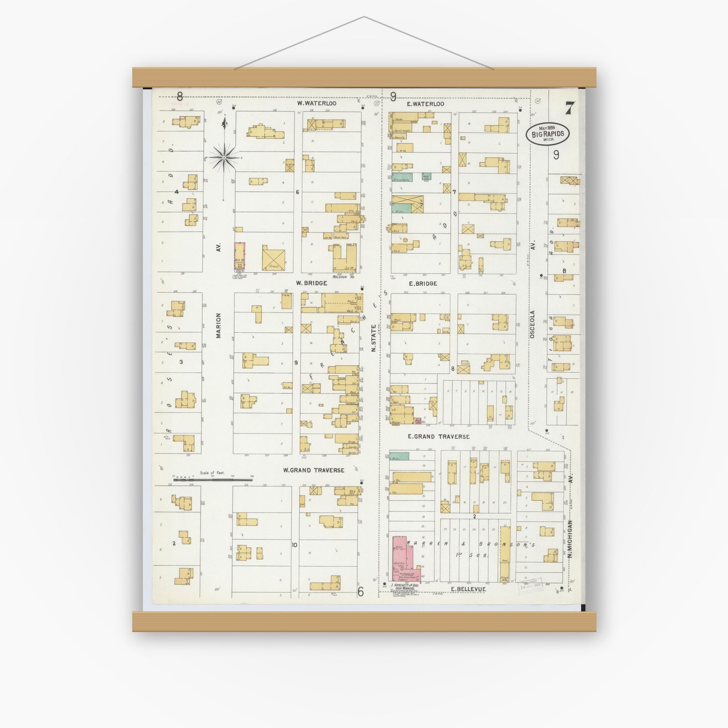 Old map wall art mockup — magnetic wood frame on white wall — Sanborn Fire Insurance Map from Big Rapids, Mecosta County, Michigan (1899), Sheet #0007