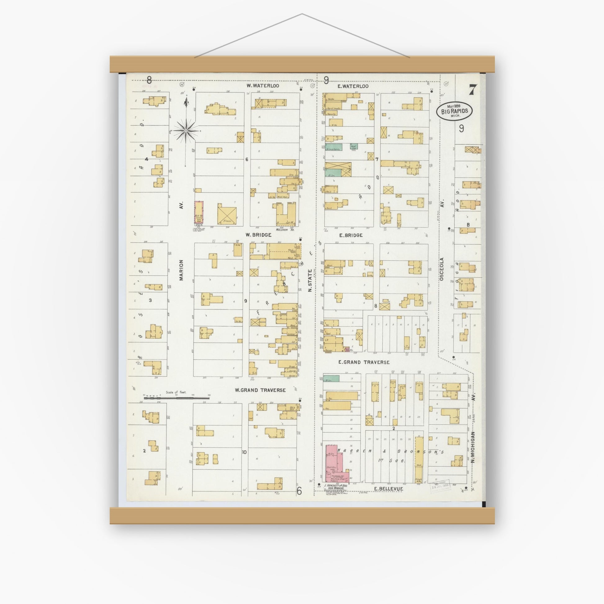 Old map wall art mockup — magnetic wood frame on white wall — Sanborn Fire Insurance Map from Big Rapids, Mecosta County, Michigan (1899), Sheet #0007