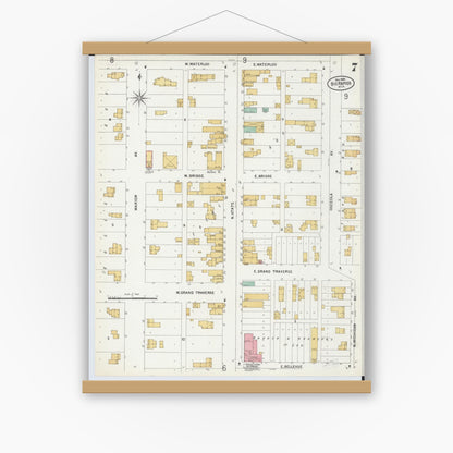 Old map wall art mockup — magnetic wood frame on white wall — Sanborn Fire Insurance Map from Big Rapids, Mecosta County, Michigan (1899), Sheet #0007