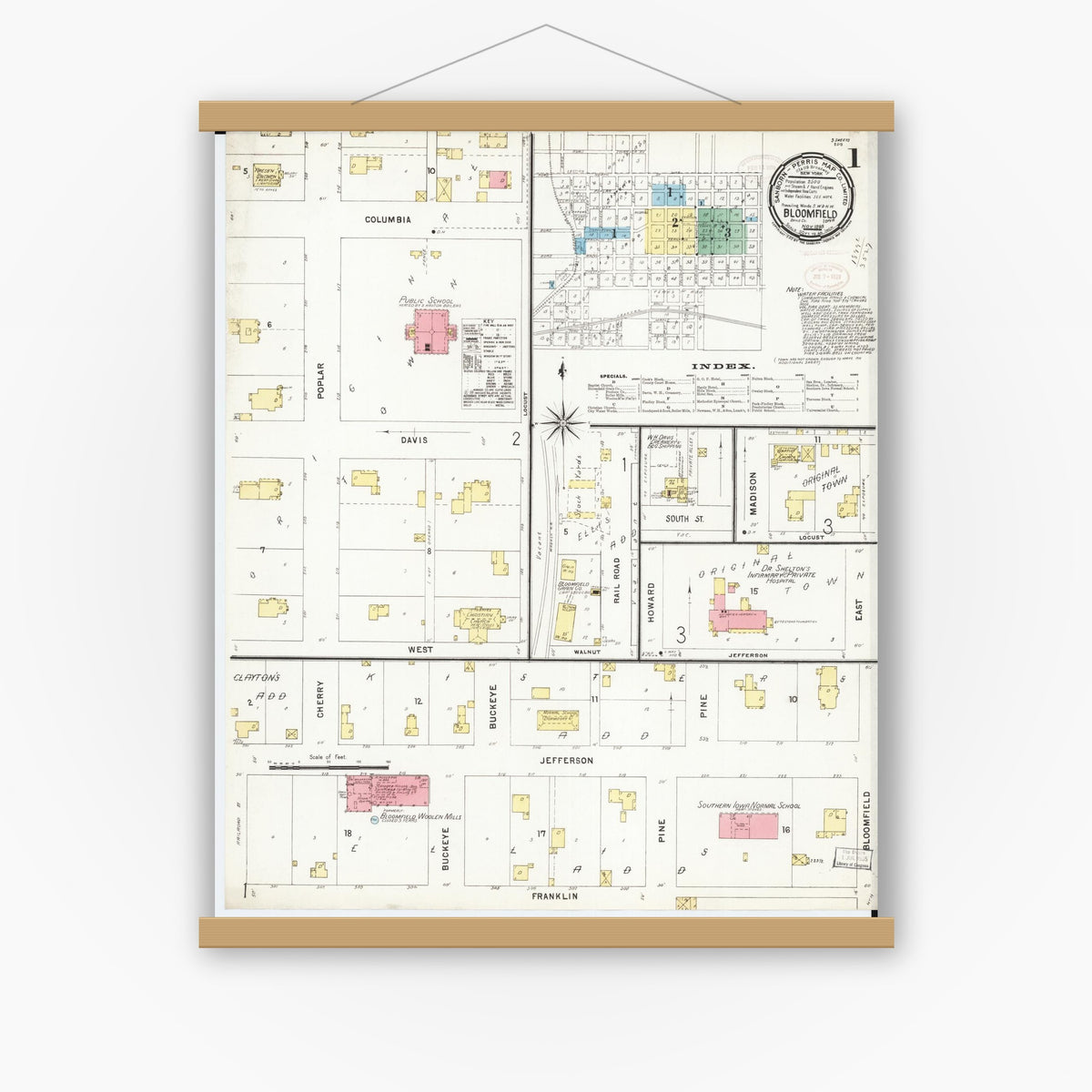 Old map wall art mockup — magnetic wood frame on white wall — Sanborn Fire Insurance Map from Bloomfield, Davis County, Iowa (1898), Sheet #0001