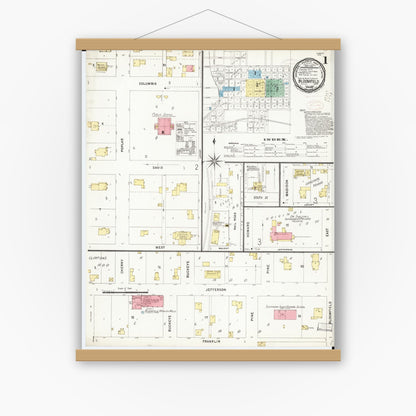 Old map wall art mockup — magnetic wood frame on white wall — Sanborn Fire Insurance Map from Bloomfield, Davis County, Iowa (1898), Sheet #0001
