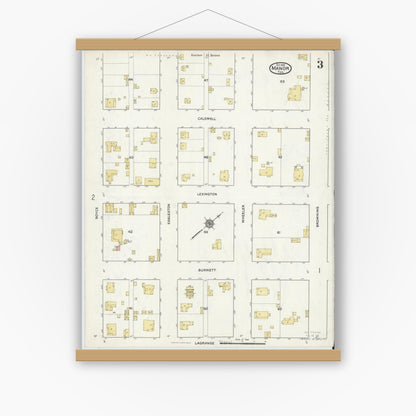 Old map wall art mockup — magnetic wood frame on white wall — Sanborn Fire Insurance Map from Manor, Travis County, Texas (1916), Sheet #0003
