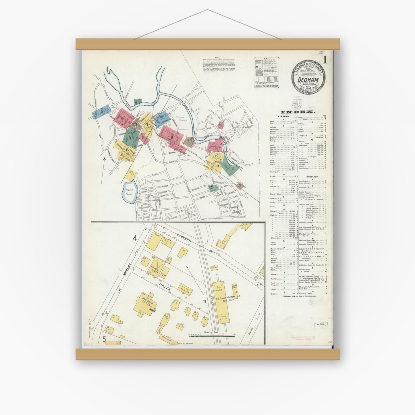 Old map wall art mockup — magnetic wood frame on white wall — Sanborn Fire Insurance Map from Dedham, Norfolk County, Massachusetts (1903) - Complete Map Set