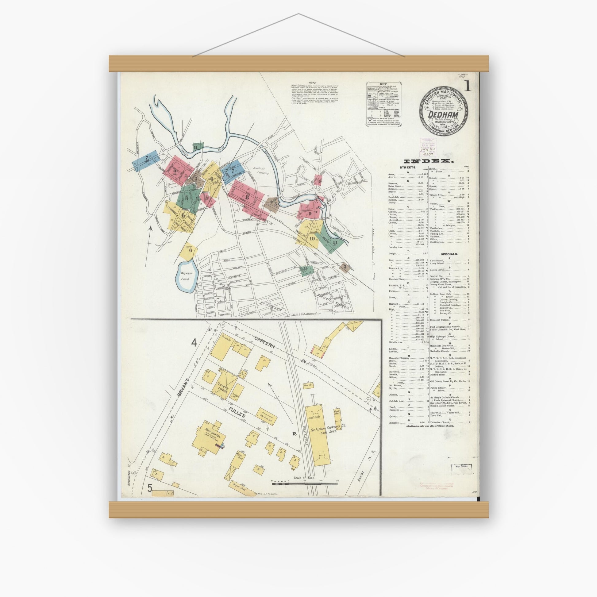 Old map wall art mockup — magnetic wood frame on white wall — Sanborn Fire Insurance Map from Dedham, Norfolk County, Massachusetts (1903) - Complete Map Set