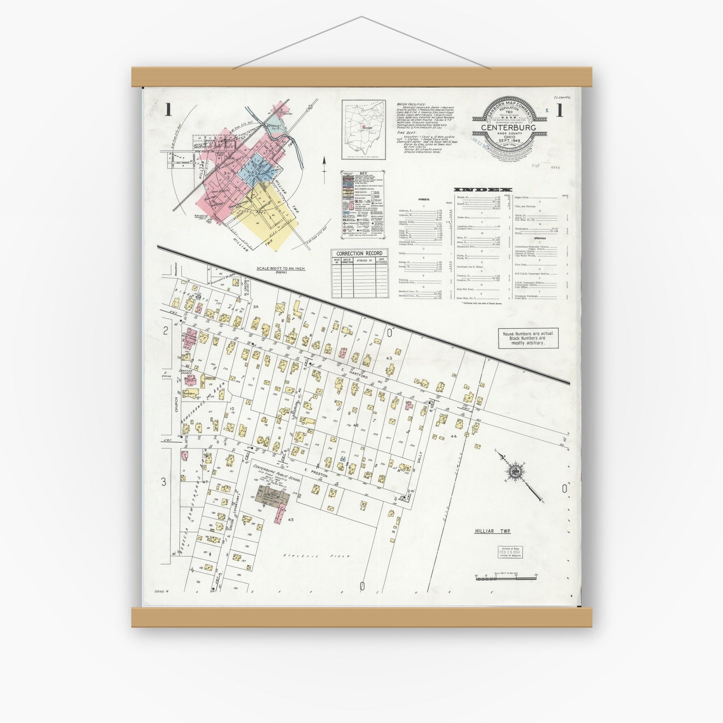 Old map wall art mockup — magnetic wood frame on white wall — Sanborn Fire Insurance Map from Centerburg, Knox County, Ohio (1949) - Complete Map Set