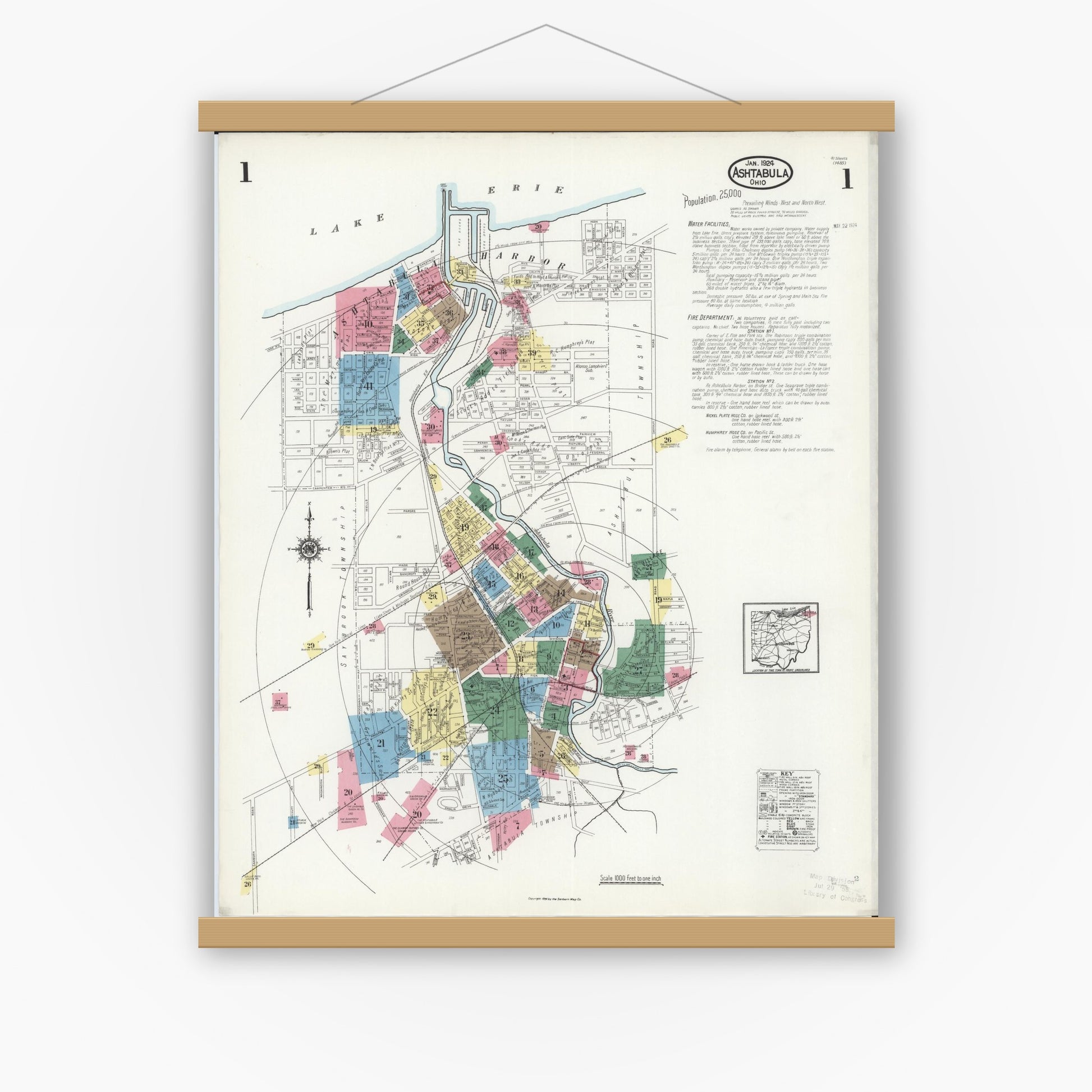 Old map wall art mockup — magnetic wood frame on white wall — Sanborn Fire Insurance Map from Ashtabula, Ashtabula County, Ohio (1924), Sheet #0001